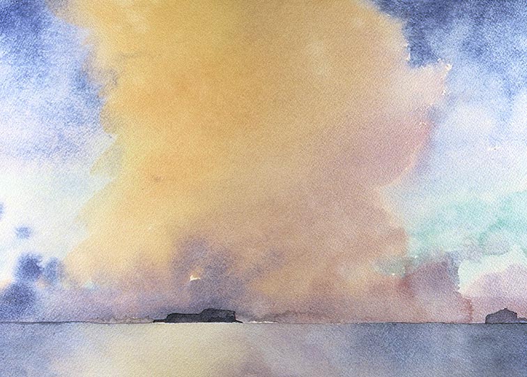 Robert Spellman watercolor of Cow and Calf islands from Cill Rialaig, County Kerry, Ireland